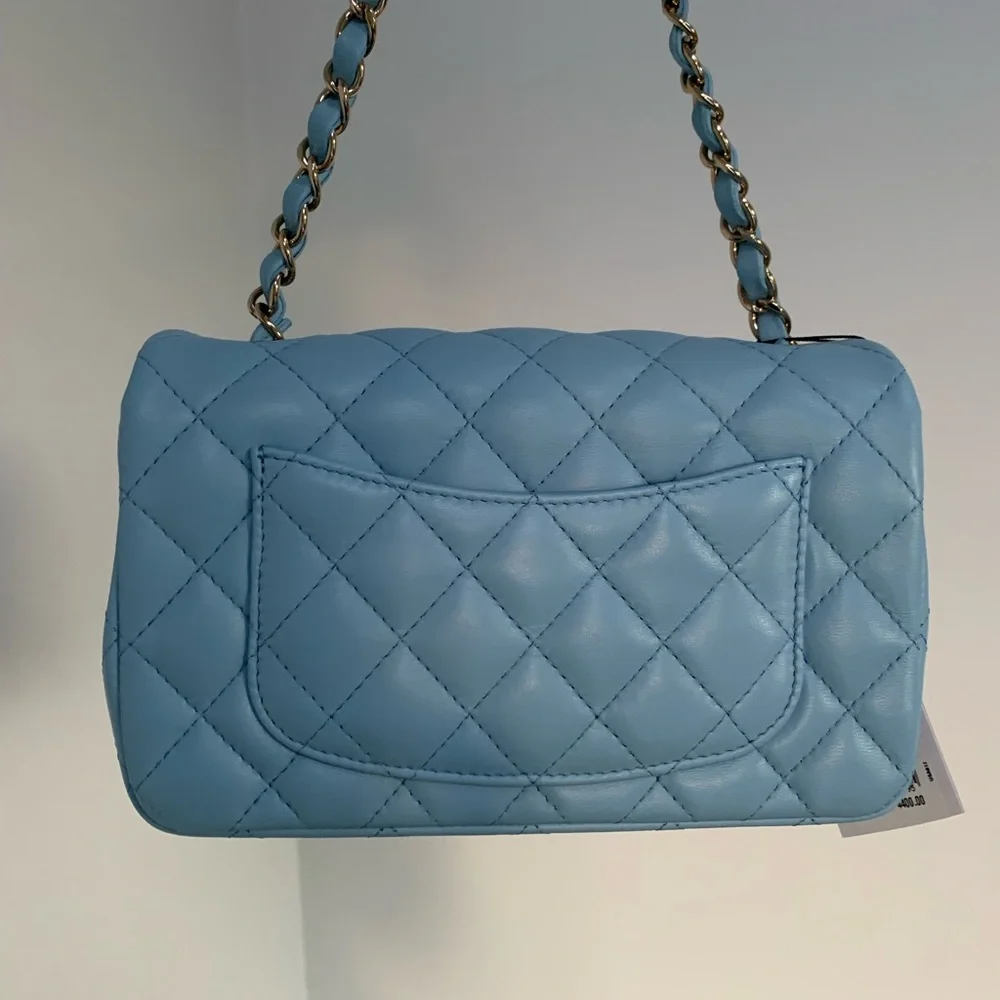 Sold on eBay 22S CHANEL Blue Classic Mini Flap Bag Lambskin Rectangular 2022 NWT - Picture 11 of 15